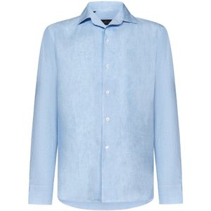 Brioni, Overhemden, Heren, Blauw, XL, Linnen, Heldere Blauwe Linnen Overhemd Capri Kraag