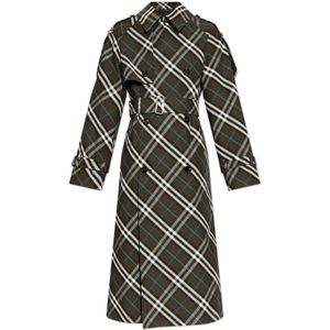 Burberry, Mantels, Dames, Groen, S, Katoen, Geruite Trenchcoat