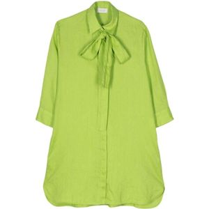 Mazzarelli, Blouses & Shirts, Dames, Groen, L, Linnen, Groene Linnen Strik Kraag Overhemd