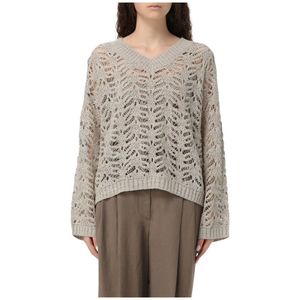 Brunello Cucinelli, Truien, Dames, Beige, XL, Beige V-Neck Cardigan Sweater