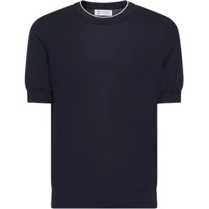 Brunello Cucinelli, Truien, Heren, Blauw, M, Katoen, Blauwe trui met ronde hals en korte mouwen