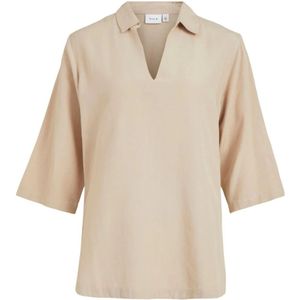 Vila, Blouses & Shirts, Dames, Beige, M, Katoen, Beige V-hals Shirt voor Lente/Zomer
