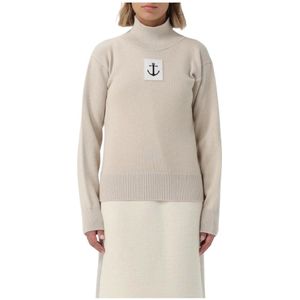 Jil Sander, Truien, Dames, Beige, S, Katoen, Geborduurde Gebreide Trui Natuurlijke Stijl