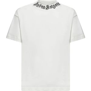 Palm Angels, Tops, Heren, Wit, M, Katoen, Gothic Flame Logo Wit Katoenen T-shirt