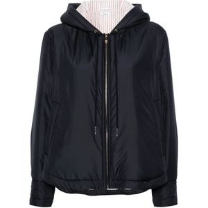 Thom Browne, Jassen, Dames, Blauw, XS, Nylon, Waterdichte Jas met Capuchon