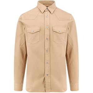 Tom Ford, Overhemden, Heren, Beige, XL, Katoen, Beige Button-Up Shirt Italiaans Katoen