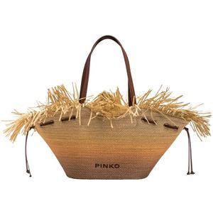 Pinko, Tassen, Dames, Bruin, ONE Size, Katoen, Raffia Franje Tas met Leren Koord