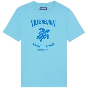 Vilebrequin, Tops, Heren, Blauw, XL, Katoen, Katoenen T-shirt met gedrukt contrastlogo in rubber voor heren