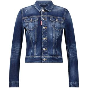 Dsquared2, Jassen, Dames, Blauw, XL, Denim, Ripped Denim Jacket Urban Style