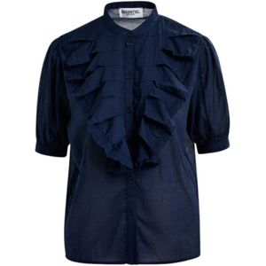 Essentiel Antwerp, Blouses & Shirts, Dames, Blauw, S, Katoen, Blauwe Katoenen Overhemd met Mandarin Kraag en Ruches