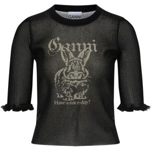 Ganni, Tops, Dames, Zwart, L, Doorschijnende Jacquard Top in Zwart