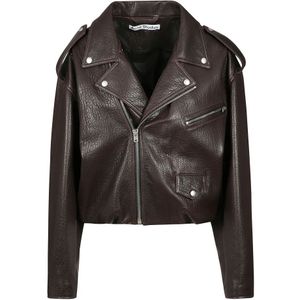 Acne Studios, Jassen, Dames, Bruin, S, Leer, Leren Bikerjack met Zilveren Details