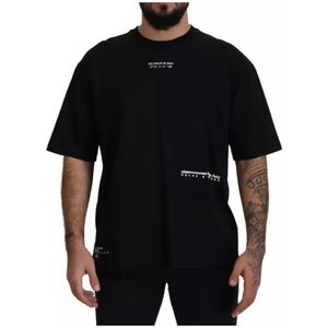 Dolce & Gabbana, Tops, Heren, Zwart, M, Katoen, Zwart Katoenen Bedrukt Crewneck T-shirt