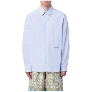 Versace, Overhemden, Heren, Blauw, L, Katoen, Blauw Gestreept Overhemd Luxe Stijl