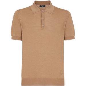 Fendi, Tops, Heren, Bruin, M, Wol, Wollen Polo Shirt met Reliëf Detail