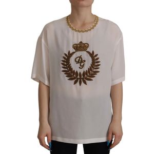 Dolce & Gabbana, Tops, Dames, Wit, 2Xs, Zijden Gouden Kroon Kristallen Blouse