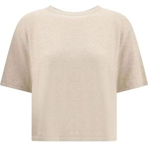 Lisa Yang, Tops, Dames, Beige, M, Katoen, Geribbelde T-shirt met ronde hals van katoen