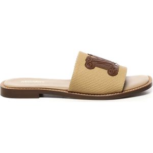 Max Mara, Schoenen, Dames, Bruin, 37 EU, Katoen, Canvas Slider Sandalen met Monogram Borduurwerk