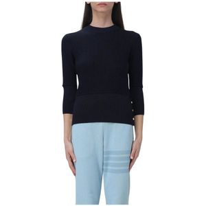 Thom Browne, Truien, Dames, Blauw, XS, Wol, Geribbelde Gebreide Pullover Sweater