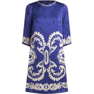 Etro, Kleedjes, Dames, Blauw, M, Gedrukte Jurk Ronde Hals 3/4 Mouwen Achterrits Zijzakken