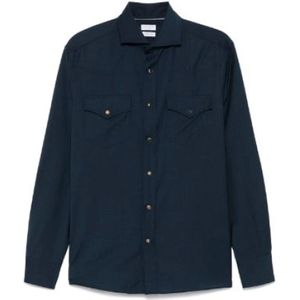 Brunello Cucinelli, Overhemden, Heren, Blauw, XL, Katoen, Marineblauw Lange Mouwen Overhemd met Knoopsluiting