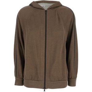 Brunello Cucinelli, Sweatshirts & Hoodies, Dames, Bruin, M, Katoen, Bruin Katoen Zijde Hoodie Met Rits