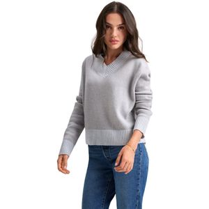 Cloeys, Truien, Dames, Grijs, M/L, Kasjmier, V-hals trui kasjmier beige/grijs