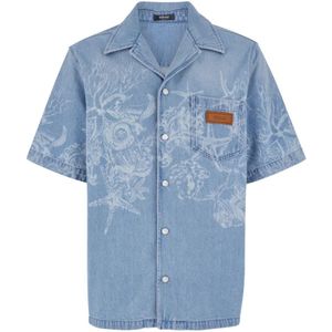 Versace, Overhemden, Heren, Blauw, L, Katoen, Blauwe Cuban Collar Bowling Shirt