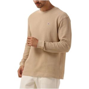 Tommy Jeans, Truien, Heren, Beige, S, Heren Wafel Lange Mouw Tee