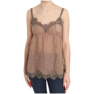 Pink Memories, Tops, Dames, Bruin, M, Linnen, Bruine Kant Diepe Top Blouse