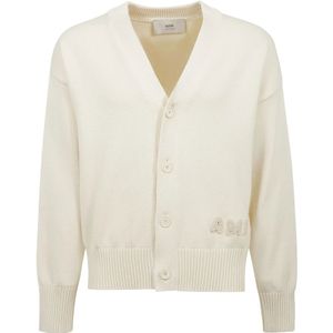 Ami Paris, Truien, Heren, Beige, M, Katoen, Katoenen en wollen vest met geborduurd logo