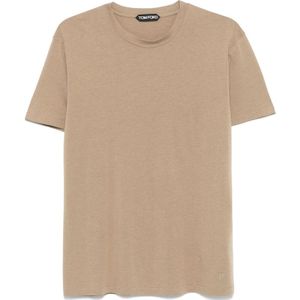 Tom Ford, Tops, Heren, Beige, L, Katoen, T-shirt met ronde hals en korte mouwen