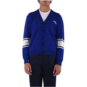 Msgm, Truien, Heren, Blauw, L, Wol, Wollen Cardigan met Geborduurd Logo