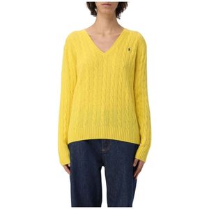 Polo Ralph Lauren, Truien, Dames, Geel, XS, Katoen, Citroen Kabel Gebreide V-Hals Sweater