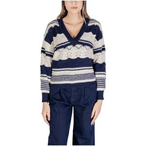 Ichi, Truien, Dames, Veelkleurig, S, Polyester, Blauwe Trui met Lange Mouwen voor Vrouwen