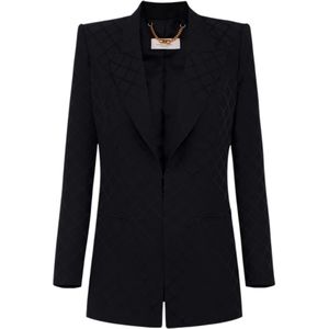 Elisabetta Franchi, Jassen, Dames, Zwart, 2Xl, Satijn, Gestructureerde satijnen blazer met jacquardmotief
