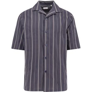 Brunello Cucinelli, Overhemden, Heren, Blauw, M, Katoen, Blauwe Bowling Kraag Korte Mouw Shirt