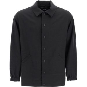 Y-3, Jassen, Heren, Zwart, S, Polyester, Gestreept Overshirt met Drukknoopsluiting