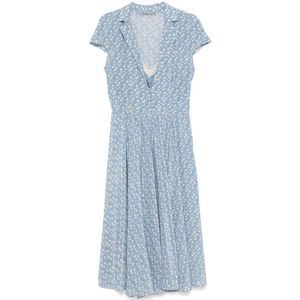 Ermanno Scervino, Kleedjes, Dames, Blauw, M, V-hals Geplooide Jurk Korte Mouwen