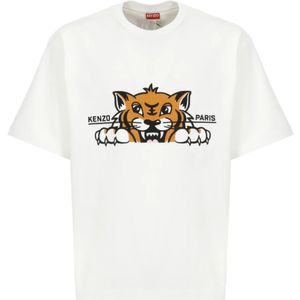 Kenzo, Tops, Heren, Wit, XL, Katoen, Happy Tiger Wit T-shirt