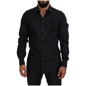 Dolce & Gabbana, Overhemden, Heren, Zwart, S, Katoen, Zwart Overhemd met Rozenborduursel