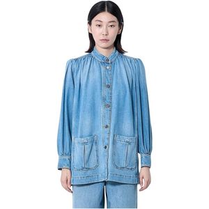 Chloé, Jassen, Dames, Blauw, S, Denim, Denim Staande Kraag Shirt