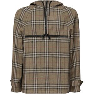 Burberry, Jassen, Heren, Veelkleurig, M, Borstel Zip Jas met Trekkoord Capuchon