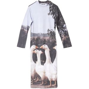 Moschino, Kleedjes, Dames, Veelkleurig, S, Katoen, Lange Gans Print Katoenen Jurk