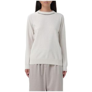 Brunello Cucinelli, Truien, Dames, Wit, L, Kasjmier, Zwarte Cashmere Crew Neck Sweater
