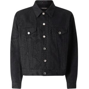 Roberto Cavalli, Jassen, Heren, Zwart, S, Denim, Python Print Denim Jacket