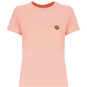 Kenzo, Tops, Dames, Roze, L, Katoen, Roze T-shirt met Geborduurde Bloem