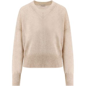 Brunello Cucinelli, Truien, Dames, Beige, XS, Wol, Beige Sweater V-Hals Lange Mouw
