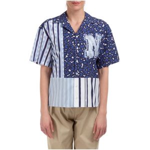 Neil Barrett, Overhemden, Dames, Blauw, M, Katoen, Abstract Multikleur Knoopshirt