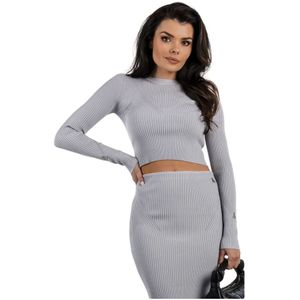 Patrizia Pepe, Truien, Dames, Grijs, S, Leer, Grijze Geribbelde Trui met Libelle Logo